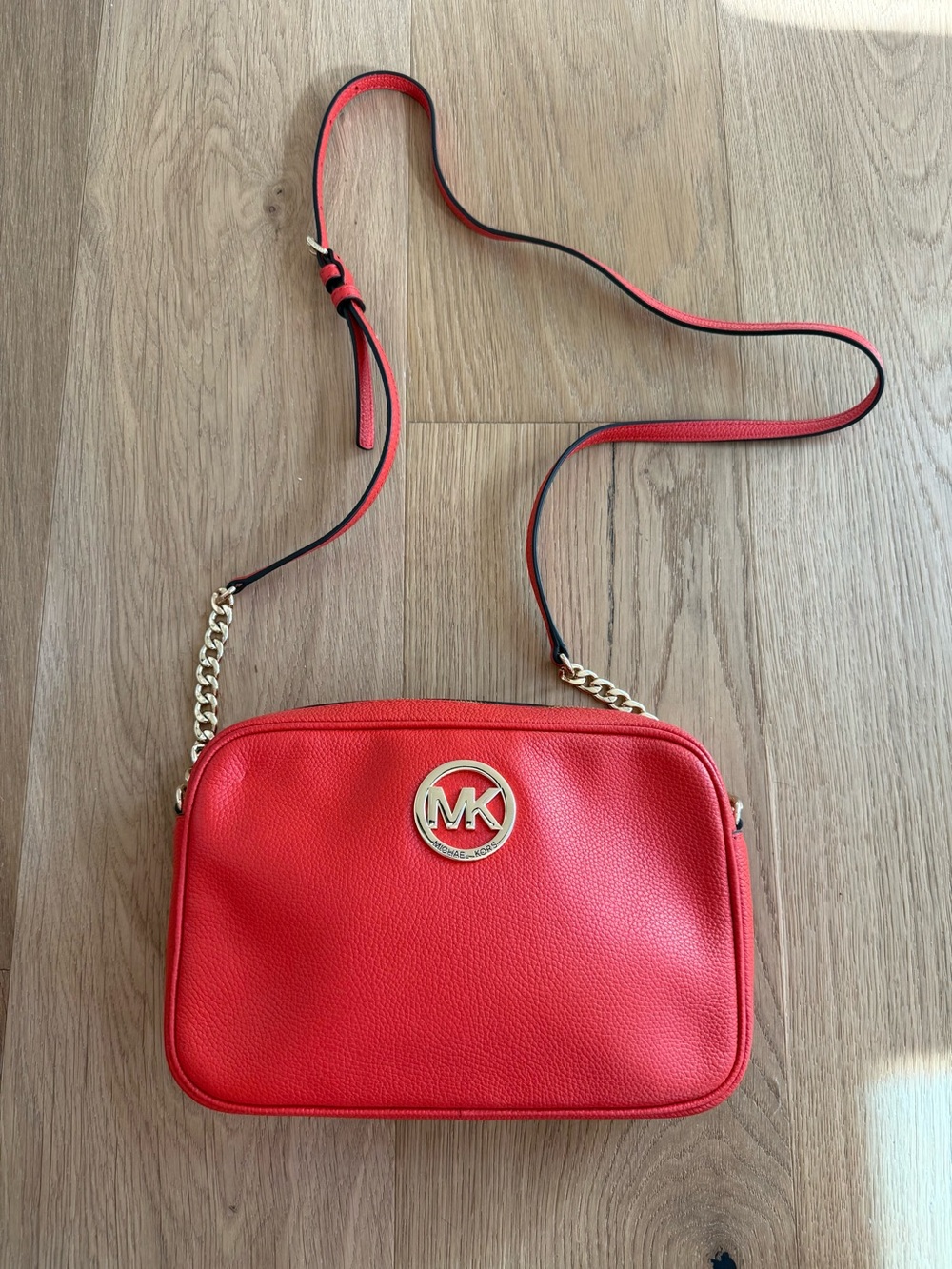 Michael Kors Fulton Coral Red Pebbled Leather Crossbody Handbag